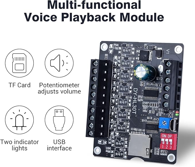 30W Voice Playback Module, PEMENOL DC 9-24V Voice Broadcast Device 9 Trigger Interfaces 8 I/O Trigger Modes MP3 Music Player Support TF Card 32G Max for Speaker Module DIY Kit
