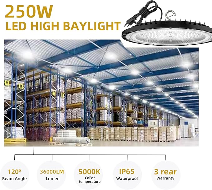 2Pack UFO LED High Bay Light 250w, 5000K,36,000LM, 5 ft cable with Us Plug UL Certified Plug,Hanging HookIP65 Commercial Warehouse Area Light for Wet Location Area, Workshop, Garage, Factory Barn