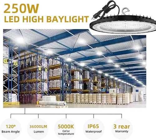 2Pack UFO LED High Bay Light 250w, 5000K,36,000LM, 5 ft cable with Us Plug UL Certified Plug,Hanging HookIP65 Commercial Warehouse Area Light for Wet Location Area, Workshop, Garage, Factory Barn