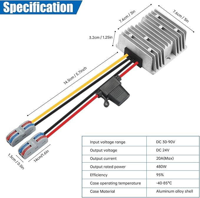 BEYIMEI DC 30V-90V to 24V 20A 480W Waterproof Step-Down Power Converter DC Step-Down Transformer Power Supply Converter for CNC Equipment, Switching Solar Panels, and Other Step-Down Applications