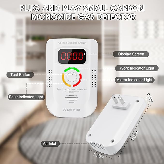 Carbon Monoxide Detectors Plug in, Portable CO Detector with LED Digital Display, Carbon Monoxide Alarm with Audible and Visual Alarm & Test Mute Button, CO Alarms Monitor for Home/Kitchen/Hotel