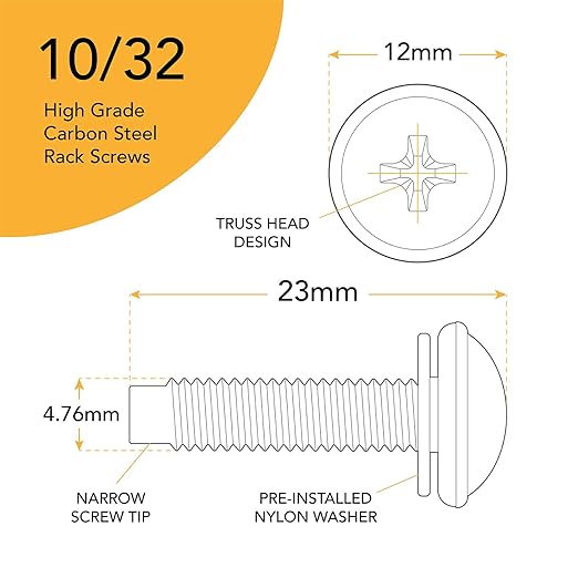 10-32 Rack Screws 50-Pack - Versatile Server Rack Accessories for Network Cabinets, Audio Mounts, Studs and Recording Studio Includes Nylon Washers. Perfect for Rackmounts