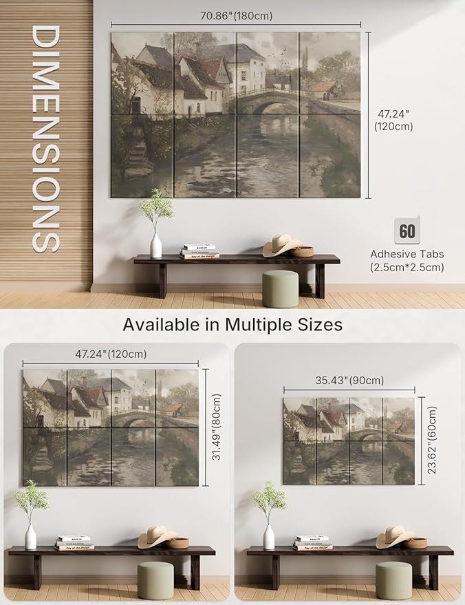Wall Art Acoustic Panels,70''×47''Sound Absorbing Panels-8-Pack with 60 Adhesive Tabs, Panels for Living Room and Recording Studio, Offices-Small Town Near La Panne