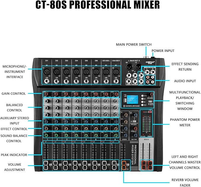 6 Channel Professional Audio Mixer with 48V Phantom Power, USB Audio Interface, Bluetooth & MP3 Player, Sound Board for Podcast, Home Studio, Live Streaming & Recording