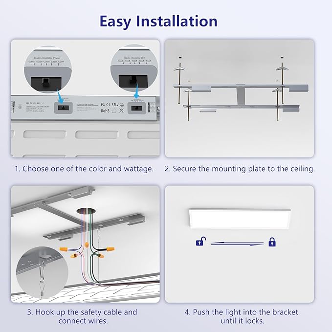 AIKVSXER 1x4 Led Flat Panel Light Surface Mount-6 Pack, 50W 5500Lm Dual Selectable 5CCT 3000K/4000K/5000K/5700K/6500K and Wattage 30-50W 0-10V Dimmable Ceiling Light Fixture for Kitchen/Laundry