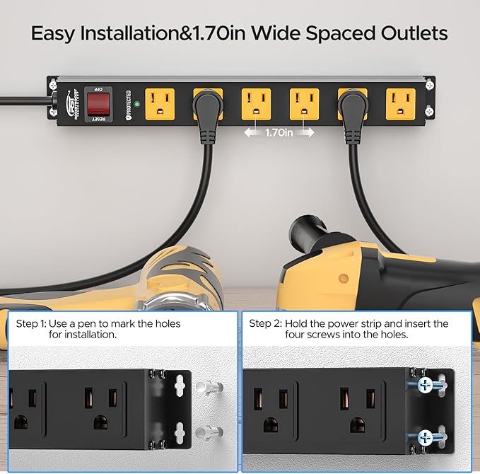 CRST 2Pack 6 Outlet Surge Protector Power Strip 2100J with Switch, 15A/1875W Heavy Duty Mountable Power Strip, Wide Spaced Power Bar for Garage Workspace Home School, 6 FT Cord（ Black+Yellow）