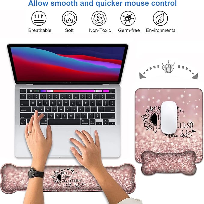 Ergonomic Mouse Pad Wrist Support and Keyboard Wrist Rest Set with Coasters, She Believed She Could So She Did Inspirational Quote with Non-Slip PU Base, Perfect for Home Office Working Studying