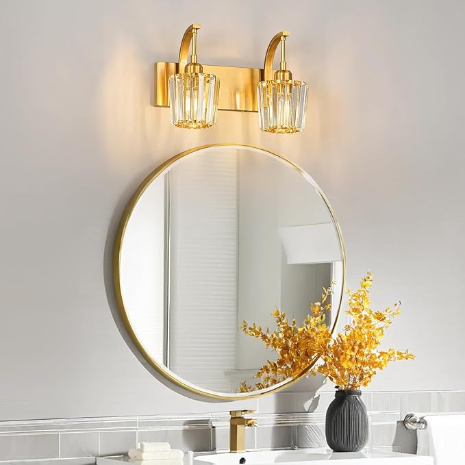 FDPBY Modern Bathroom Vanity Light, 2-Light Gold Wall Sconce with Crystal Accents, Over Mirror Bathroom Lighting Fixture, 13.77" Long Dimmable Vanity Lamp for Makeup, Easy Installation