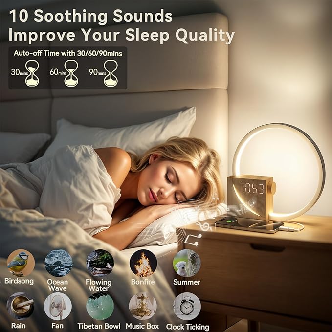 Vivilumens Sunrise Alarm Clock Sound Machine Nightlight, Gradual Wake Up Light, Digital Dimmable Clock, 10 White Noise Sleep Sounds, Snooze, Dual Clocks for Heavy Sleeper Adult, Decor Gifts for Women