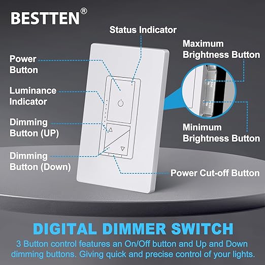 BESTTEN Super Slim Digital Led Dimmer Switch with Air Gap Power Cut Off Switch, 3 Button Control, Single Pole or 3 Way Dimmable Dimmer, Screwless Wallplate Included, ETL Listed, White