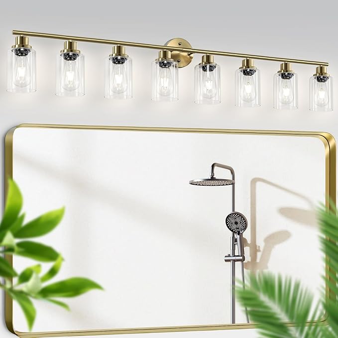 Guliaofo 8-Light Brushed Gold Vanity Lights for Bathroom, Lighting Fixtures Over Mirror with Clear Glass Shade, Modern Kitchen Light Fixtures Wall Lamps Sconce Light - E26 Base