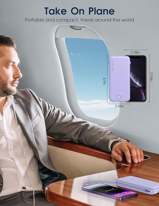 Nusyddy Portable Charger, 12000mAh 22.5W Fast Charging Power Bank with Built-in Cables & Wall Plug, Travel Essential External Battery Pack, USB C Battery Phone Charger for iPhone, iPad, Samsung Purple