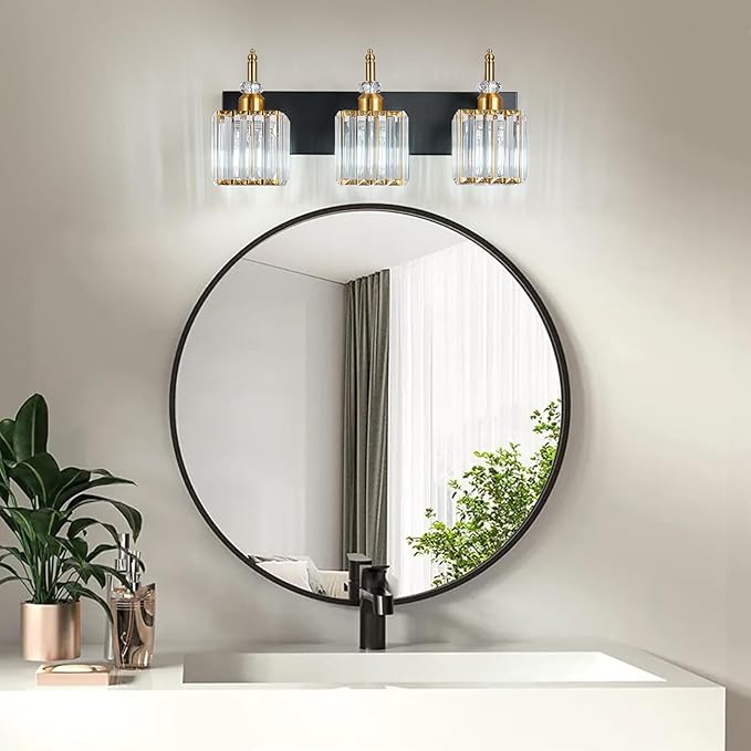 BBLLWJ Modern Bathroom Vanity Light 3-Light Black and Gold Crystal Light Fixtures Over Mirror for Bathroom Wall Sconce