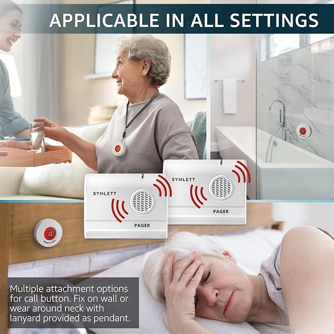 SYNLETT Caregiver Pager Wireless Nurse Call Button for Elderly Home Monitoring Alert System Portable Alarm Bell Seniors Patients Emergency 3 Call Buttons, 2 Pagers