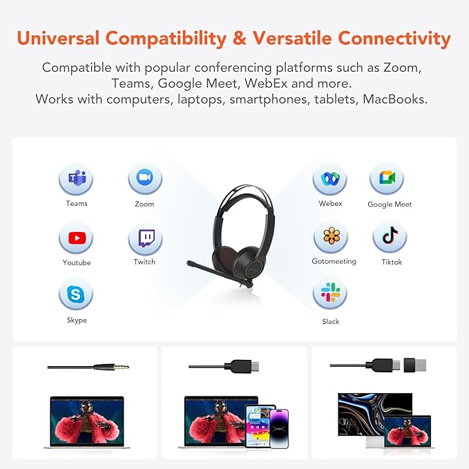 NUROUM HP11DU Wired Headset, Dual-Ear (Stereo) Headphones with Noise Canceling Microphone, On Ear Computer Headset with in-line Control, USB/Type-C, PC Headset for Home Office Online Class Skype Zoom