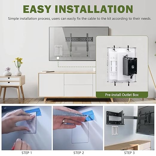 Wall Cable Concealer Management Kit, Recessed Outlet Behind TV for Wall Mount TV with Cable Management Box, in Wall TV Connection Kit Hides Power Cables & Low Voltage Wires Fits All Plugs (NO Wire)