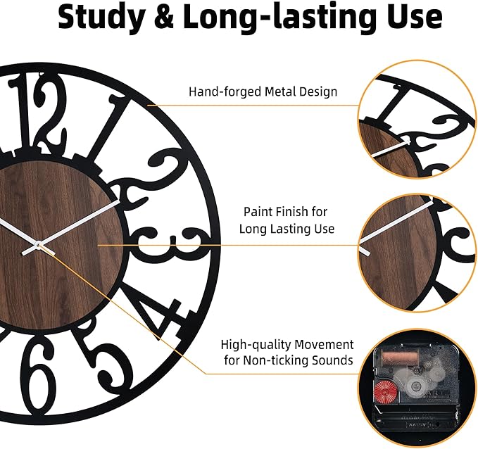 Casaformia 30'' Large Silent Wall Clock with Night Light, Glow in The Dark Decorative Wall Clock Battery Operated, Rustic Modern Metal & Wood Clocks for Bedroom Living Room Decor, Arabic Numerals