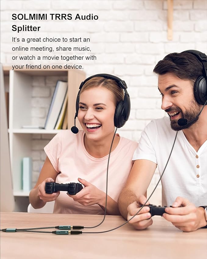 SOLMIMI Headphone Splitter for 2 Headphones, TRRS 3.5mm Male to 2 Female Audio Jack Splitter Adapter Compatible with Two Headsets or Microphones to PC, Laptop, Smartphones, PS4, PS5, Xbox - 1 FT