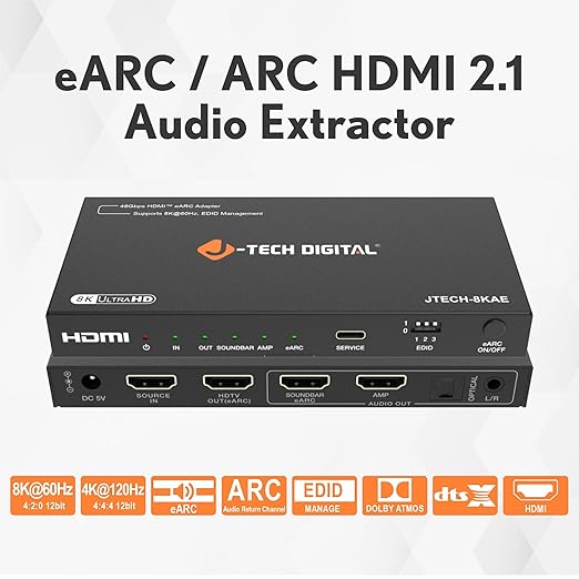 J-Tech Digital 8K HDMI Audio Extractor with eARC ARC 8K 60Hz 4K 120Hz, HDMI to Optical L/R Converter Adapter, HDCP 2.3 HDR CEC EDID [JTECH-8KAE]