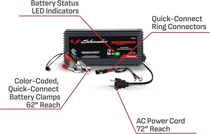 Schumacher Electric 1.5A Car Battery Charger and Maintainer, 3-in-1 Solution, for 6V/12V Power Sport, Automotive, and Marine Batteries, SC1355