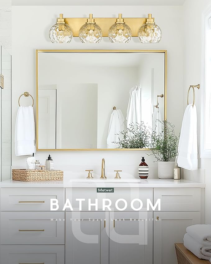 METWET Bathroom Light Fixtures Over Mirror, 26" Brushed Gold Bathroom Vanity Light with Clear Hammered Glass Globe Shade, 4-Light Modern Sconces Wall Lighting, VL200-BG-CL-4
