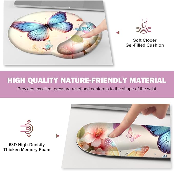 Gaming Mouse Pad, Large Desk Mat, Cute Desk Pad Protector, 4in1 XXL Mousepad + Keyboard Wrist Rest+Mouse Wrist Rest+Coaster Set with Ergonomic Desk Pad for Home Office PC Computer, Butterflies Flowers