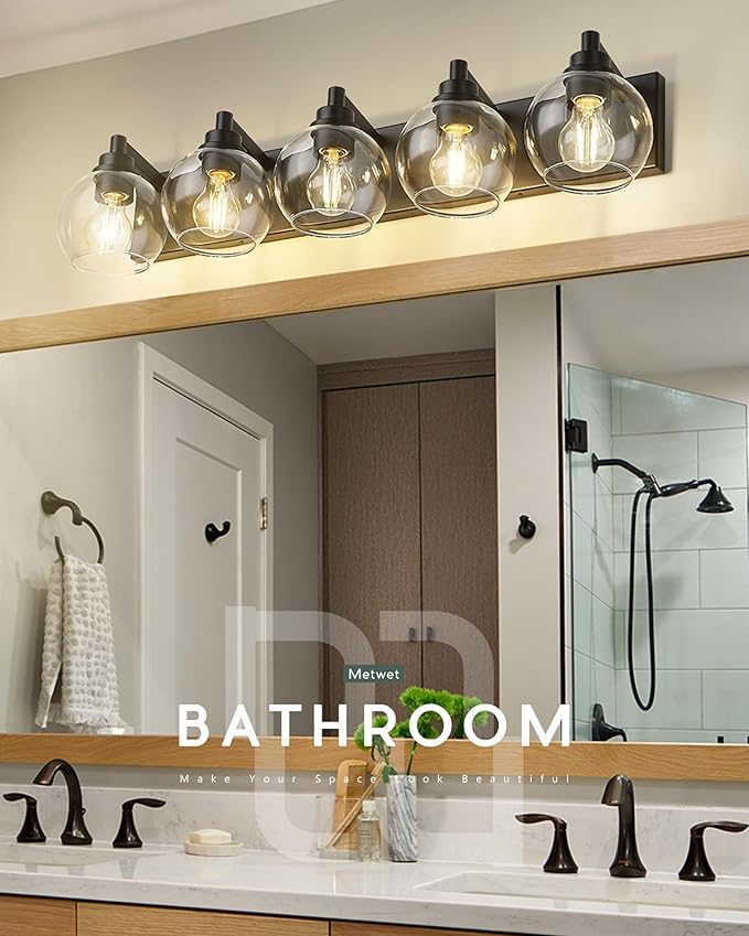 METWET Bathroom Light Fixtures, 5 Light Matte Black Vanity Light, 32 Inch Modern Wall Sconces with Globe Clear Glass Shade, Vanity Lighting Fixtures Over Mirror, VL195-MB-CL-5