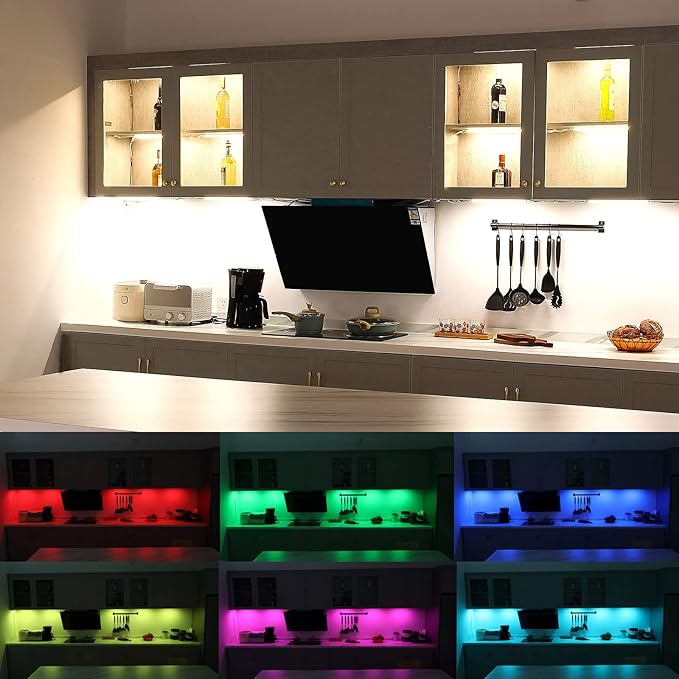 Litever Under Cabinet LED Lighting Kit. RGB Color & Bright Warm White Light. Slim Linkable LED Light Bars with Power Adapter, Controller, Extension Cords. Max 24W. Dimmable. Plug in. RGB + 3000K.