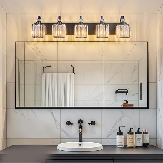 BBLLWJ Crystal Vanity Lights - Black 5 Light Modern Bathroom Vanity Light Fixtures Over Mirror