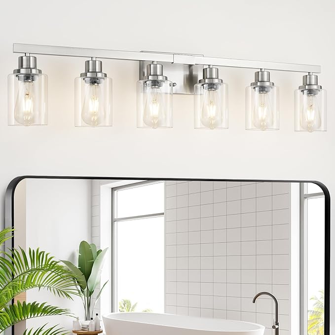 DIKAIDA Bathroom Vanity Light, 6-Light Nickel Modern Matte Wall Sconce Lighting with Clear Glass Shade, Wall Lights,Bath Vintage Wall Mounted Lamps for Mirror Bedroom Living Room