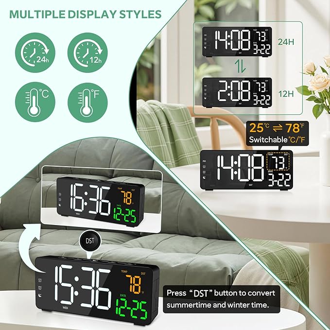 EVILTO Digital Alarm Clocks for Bedrooms, RGB Desk Clock with 15 Color Display, Date Temperature and Weekday, DST, Snooze, 2 Alarms, Ambient Lighting for Living Room, Bedside Office Gaming Desk Decor