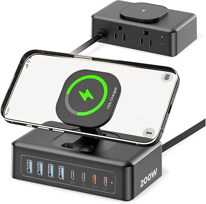 11-in-1 Charging Station USB-C Power Strip, 200W USB C Charger Block, 2AC Outlets 8USB Ports(4USB-C) Surge Protector, 5FT Flat Plug Extension Cord, PD65W Desktop Fast Charging for Home Office, Black