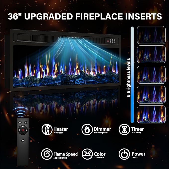 VITESSE Fireplace with TV Stand 36" inch Electric Fireplace Up to 80" TVs, LED Light Entertainment Center, 70" Modern Wood High Gloss with Highlight Storage Cabinet for Living Room (White)