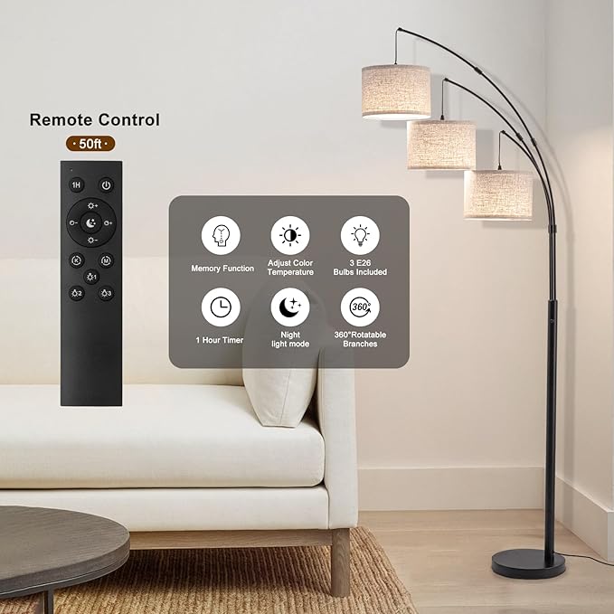 Fansdrick Floor Lamps for Living Room, 2400LM Super Bright Arc Floor Lamp with Remote Control, 3 Light Tall Floor Lamps with Stepless Dimmable, 80" Mid Century Tree Floor Lamp for Bedroom, Office