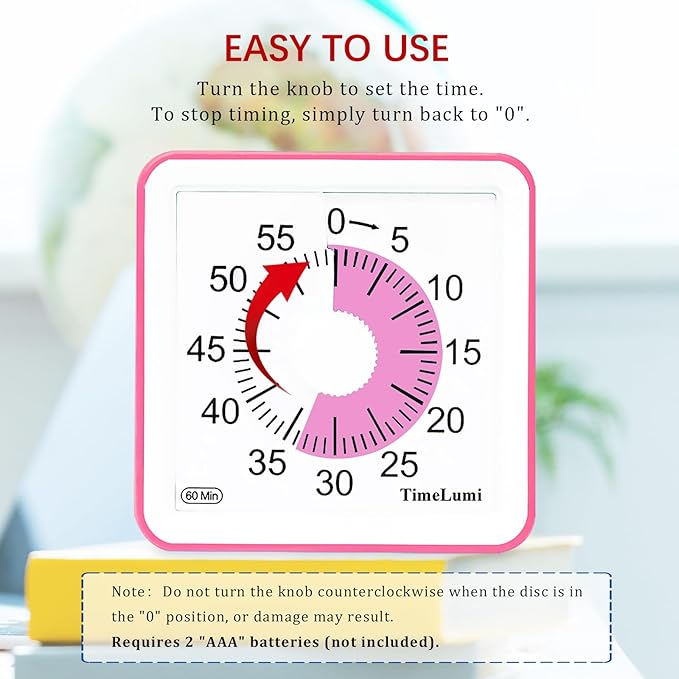 TimeLumi 60-Minute Visual Timer for Kids, Time Management Tool Study Classroom Timer, Home Edition Silent Countdown Timer for Toddler, Teachers and Adults (Pink)