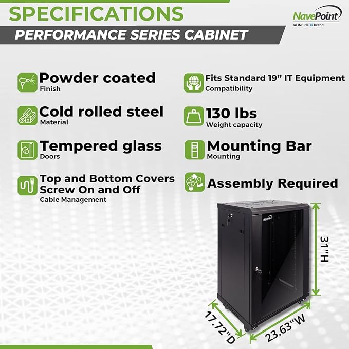 NavePoint 15U Server Cabinet Wall Mount Rack Enclosure with Caster Wheels, Includes 2 Fans, Locking Glass Door, Removable Side Panels – 15U Network Cabinet 17.7” Deep, 19”Server Rack for IT Equipment