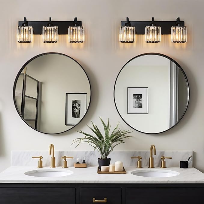 FDPBY Modern Bathroom Vanity Light 3-Lights Plating Black Vanity Light Crystal Wall Light Bathroom Light Fixtures