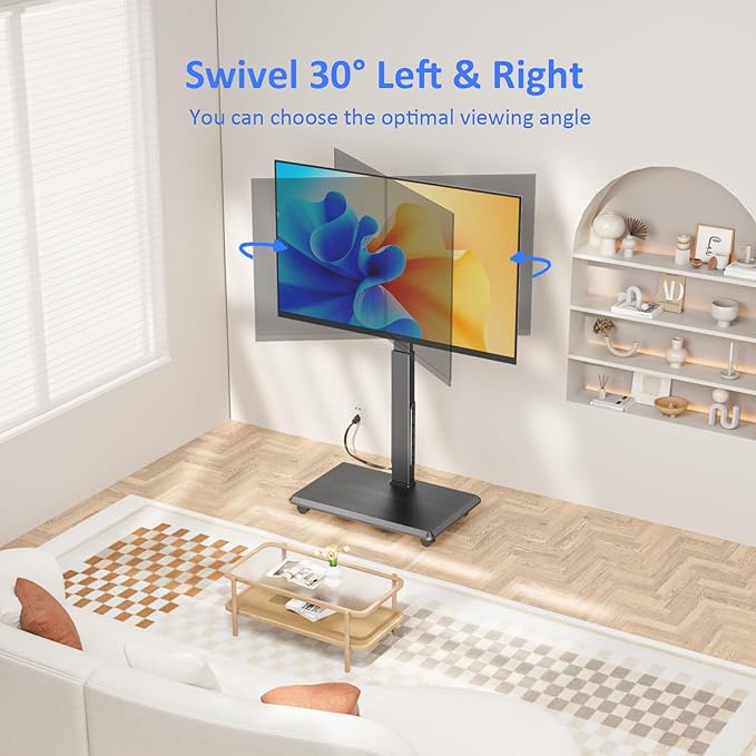 Afaloona Rolling TV Stand with Power Outlet, Mobile TV Stand for 32-75 Inch TVs up to 110 lbs, 30° Swivel TV Floor Stand, 18 Adjustable Heights, TV Cart on Wheels for Bedroom, Office, Outdoor, Black