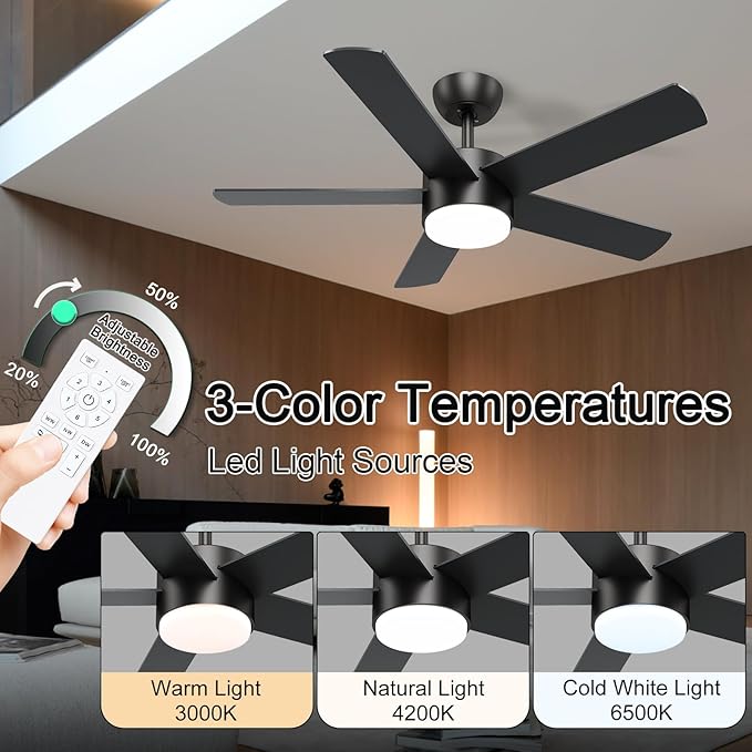 POCHFAN 42 inch Black Ceiling Fans with Lights and Remote Control, LED Ceiling Fan Dimmable 3 CCT 6-Speed, Noiseless Modern Ceiling Fan for Bedroom, Living Room, Dining Room, ETL Listed