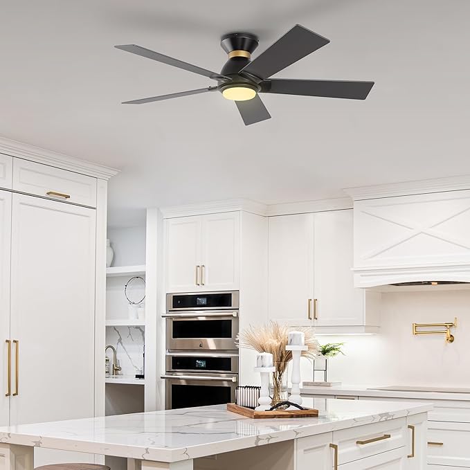 SMAAIR 52 Inch Smart Ceiling Fan with Light and Remote, Flush Mount Modern Ceiling Fan with lights,Compatible with Alexa/Google Assistant/Siri,Timer and Schedule,10 Speed DC Motor,Black