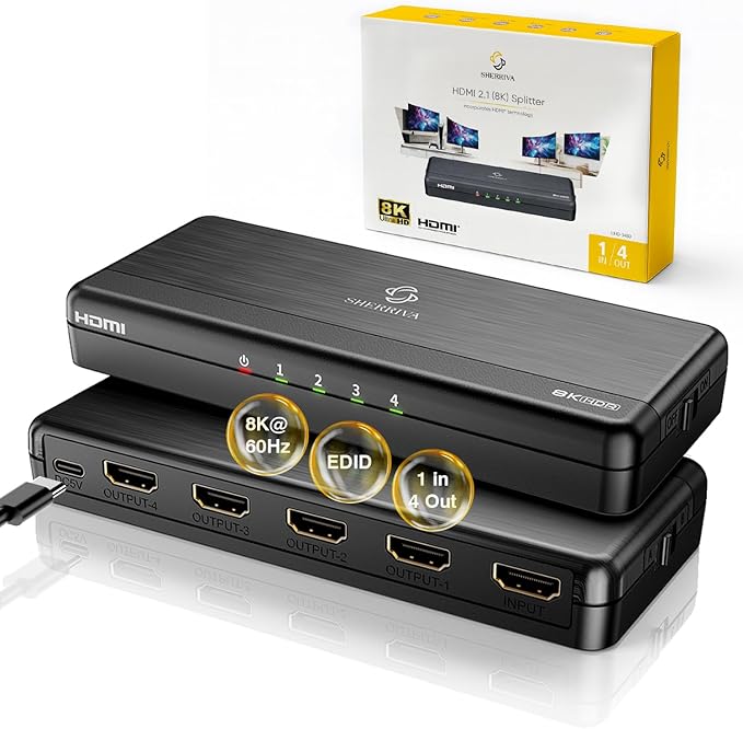 SHERRIVA 8K HDMI Splitter 1 in 4 Out, 1x4 Duplicate/Mirror Screens, HDMI 2.1, 8K@60Hz, 4K@240Hz (DSC), 4K@120Hz, Auto Downscaling, 48Gbps, HDCP 2.3, Compatible with Xbox, PS5, Blu-ray Player
