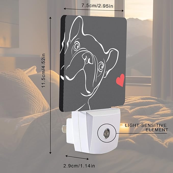 Smoaffly French Bulldog Dog red Heart Night Light Plug-in LED Nightlights Auto Sensor Night Lamp Dusk-to-Dawn Lamp Home Decor for Nursery Children Girls Boys