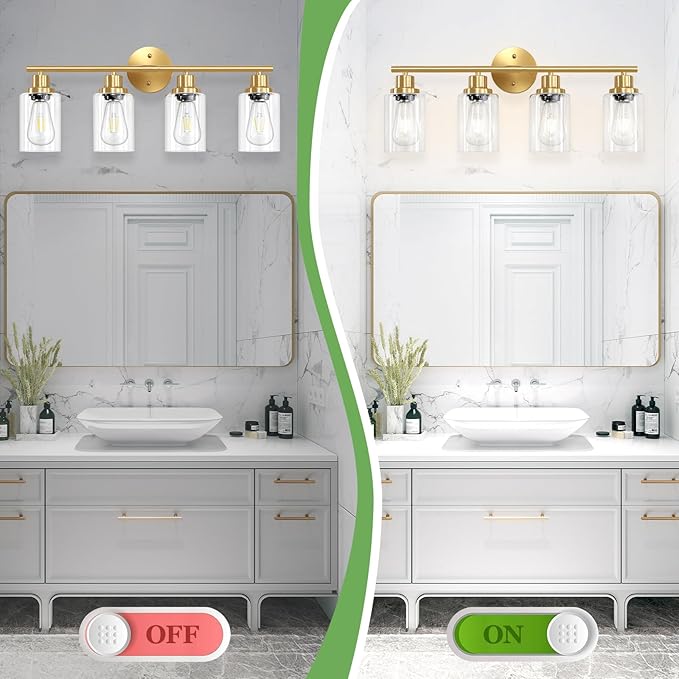 Guliaofo 4-Light Gold Bathroom Light Fixtures, E26 Modern Vanity Lights for Bathroom with Clear Glass Shade, Wall Lamps for Mirror Hallway Kitchen Cabinet Living Room Sconces Lights