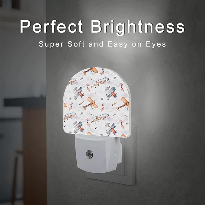 sndheke Funny Cartoon Airplanes Night Light, Retro Watercolor Planes Dusk to Dawn Night Light Plug in,0.5w Energy Saving Sleep Friendly NightLight for Kids Boys Girls Home Decor