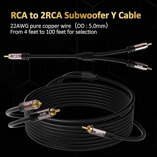 Kxable RCA Y-Adapter Splitter Cable 15 Feet, 1 RCA Male to 2 RCA Male Stereo Audio Subwoofer Cable, Bi-Directional, for Home Theater, Hi-Fi System, Amplifier, Speaker, 24K Gold Plated, OD:5.0MM