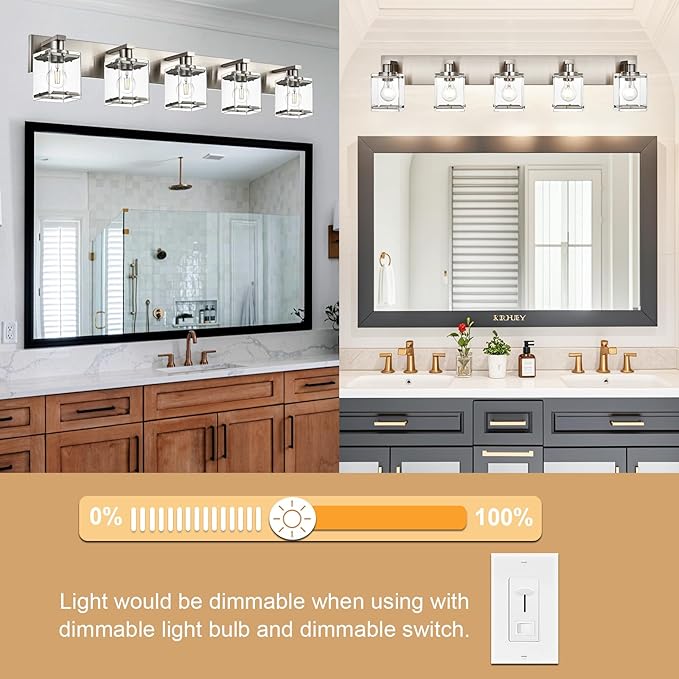 WINSHEN 5-Lights Brushed Nickel Bathroom Wall Light with Clear Glass Shade, E26 Bulb Base Vanity Lighting Fixtures Over Mirror for Kitchen Cabinet Bedroom