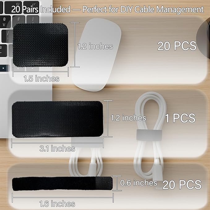 Under Desk Cable Management, Adjustable Hook and Loop Cord Ties, Reusable Wire Organizer, Low-Profile Cable Hider for Cord Management System (20)
