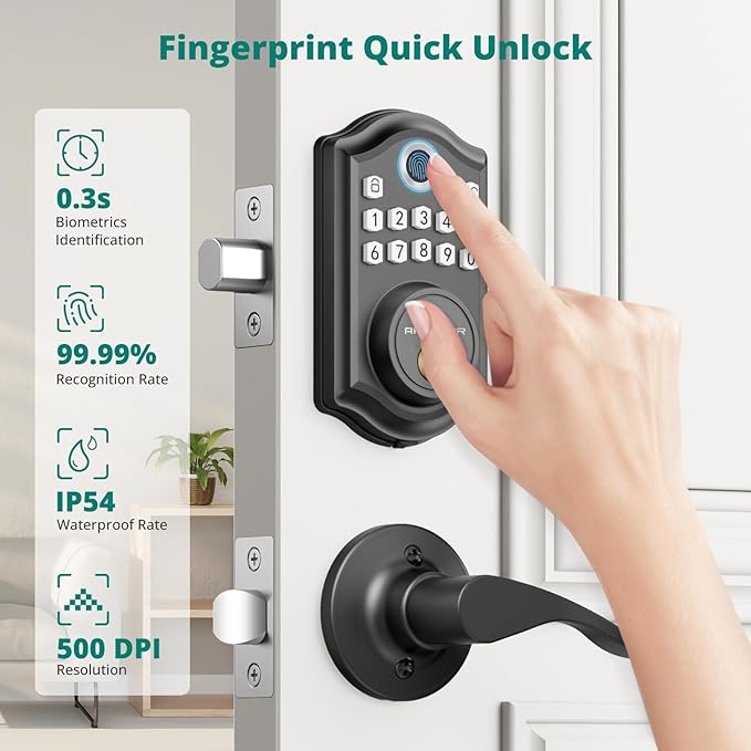 AkaGear DS10 Keyless Entry Door Lock with Handle - 2 Lever Handles, Fingerprint Door Lock, Keypad Deadbolt, 2 Keys, Code, Smart Locks for Front Door, Auto-Lock, Easy Installation - Matte Black