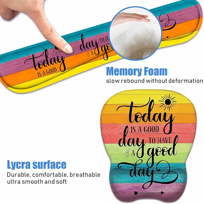 Mouse Pad Wrist Support and Keyboard Wrist Rest Set with Coasters, Today is a Good Day to Have a Good Day Inspirational Quote with Non-Slip PU Base Ergonomic Mousepad for Computer Laptop Home Office