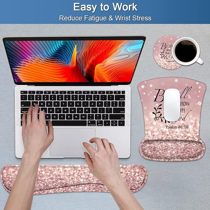 Keyboard Wrist Rest and Mouse Pad Wrist Support Set with Coasters, Non-Slip PU Base Ergonomic Gaming Mousepad for Home Office Working Studying Easy Typing & Pain Relief, Bible Verses Psalm 46:10